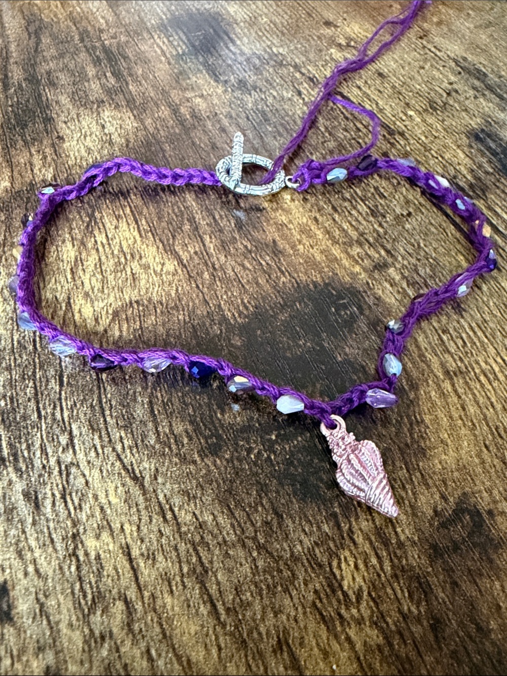 Purple Braided Bead Necklace with Pink Shell Charm